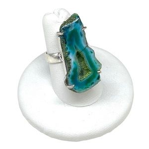 Agate Geode Druzy Stone Ring 925 Sterling Silver Blue Teal Green Drusy Sz 8